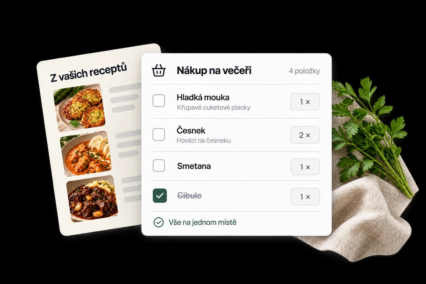 Ukázka nákupního seznamu se surovinami z více receptů
